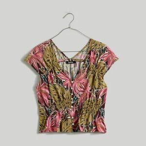 Madewell Shirred Cap-Sleeve Top in Brushstroke Monstera